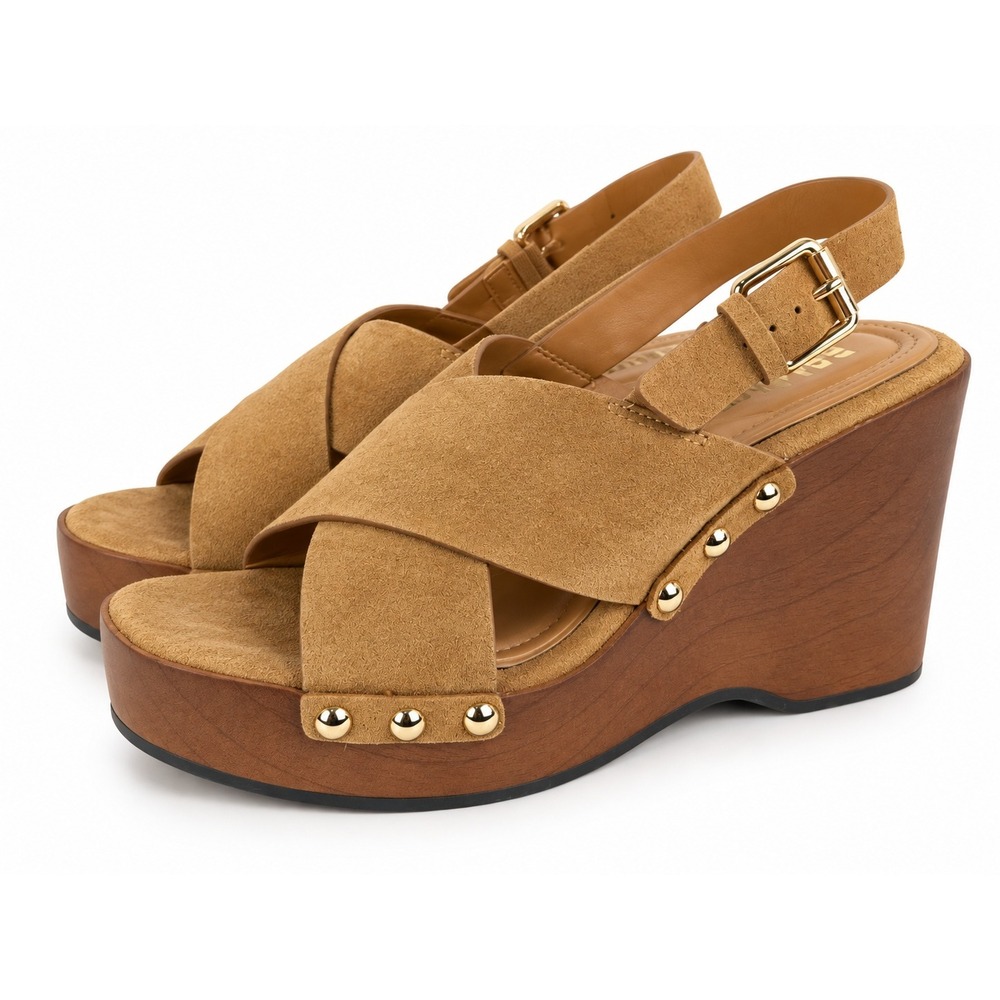 MIA Payson-S Tan Faux Suede Studded Platform Wedge Sandals Womens 9.5M